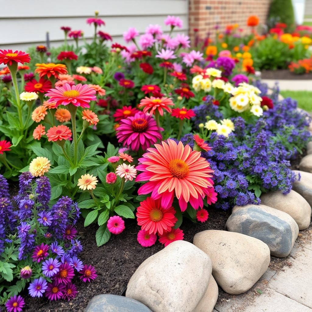 Vibrant weed-free flower bed with stone border