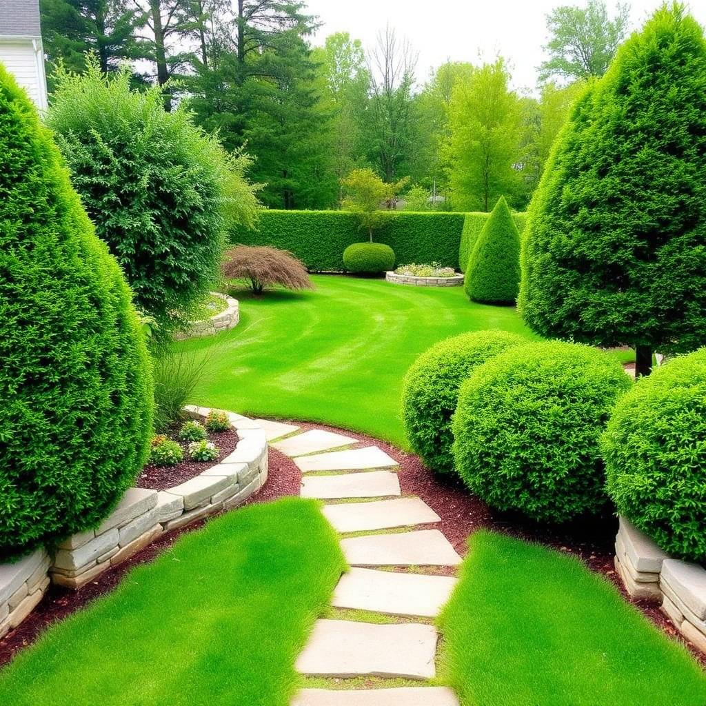 Manicured backyard with stone walkway