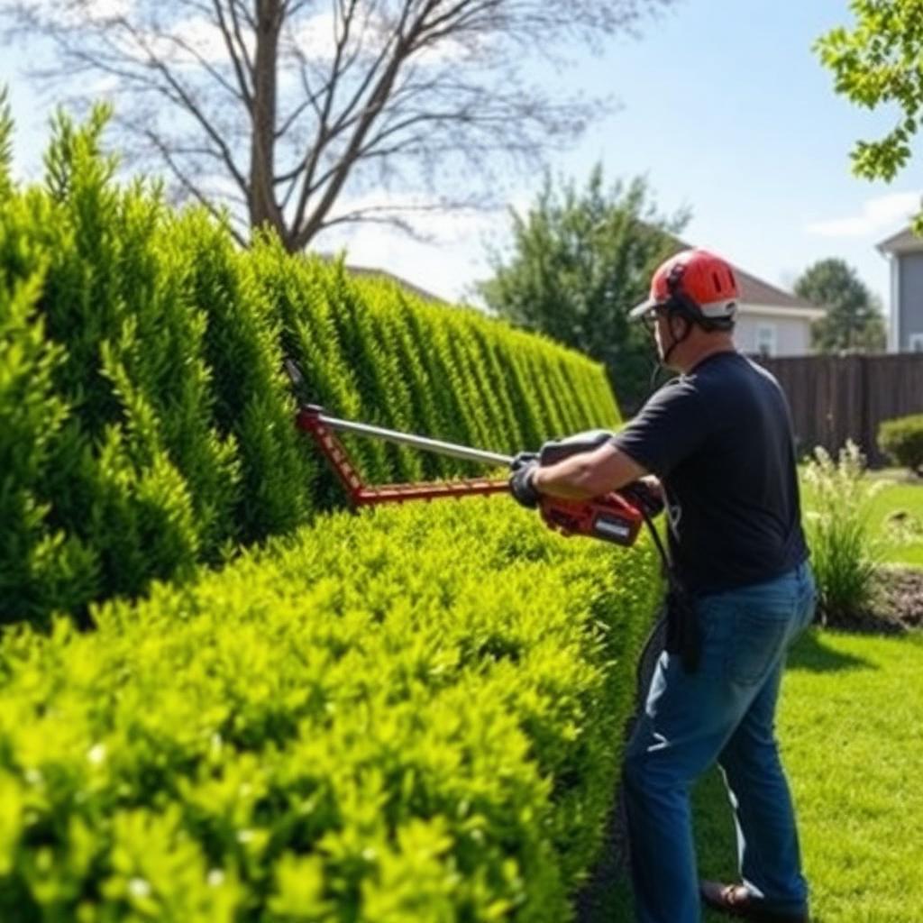 Landscaper trimming a tall hedge